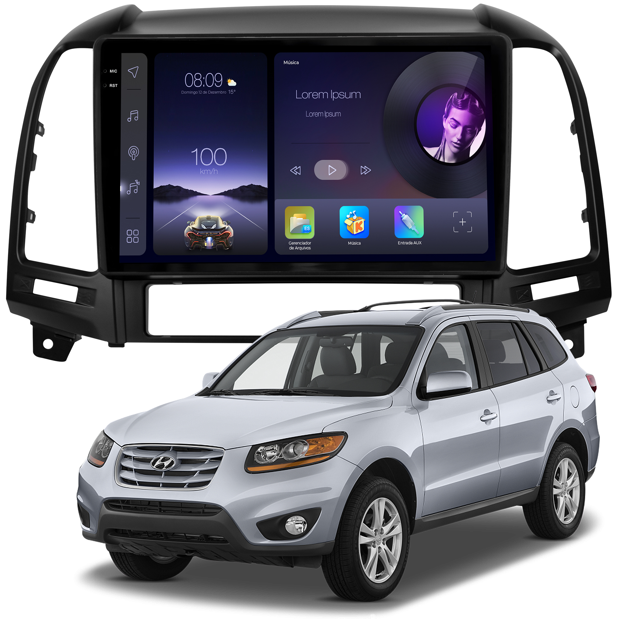 MULTIMÍDIA ADAK <BR> 2RAM 64GB QLED 9'' <BR> SANTA FÉ 2007 A 2013