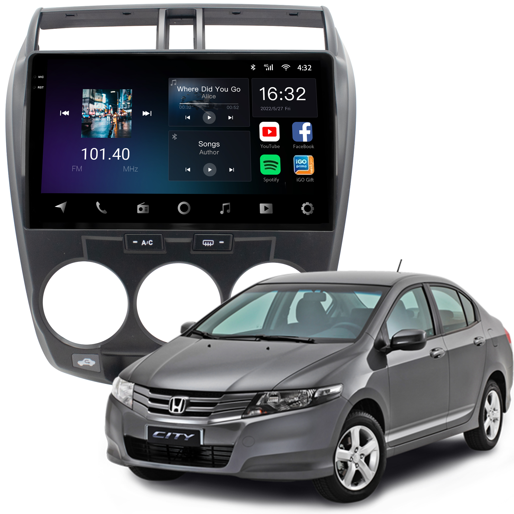 MULTIMÍDIA <BR> AIKON CORE RED <BR> 2RAM 64GB QLED 10" <BR> CITY 2008 A 2014 AR ANALÓGICO