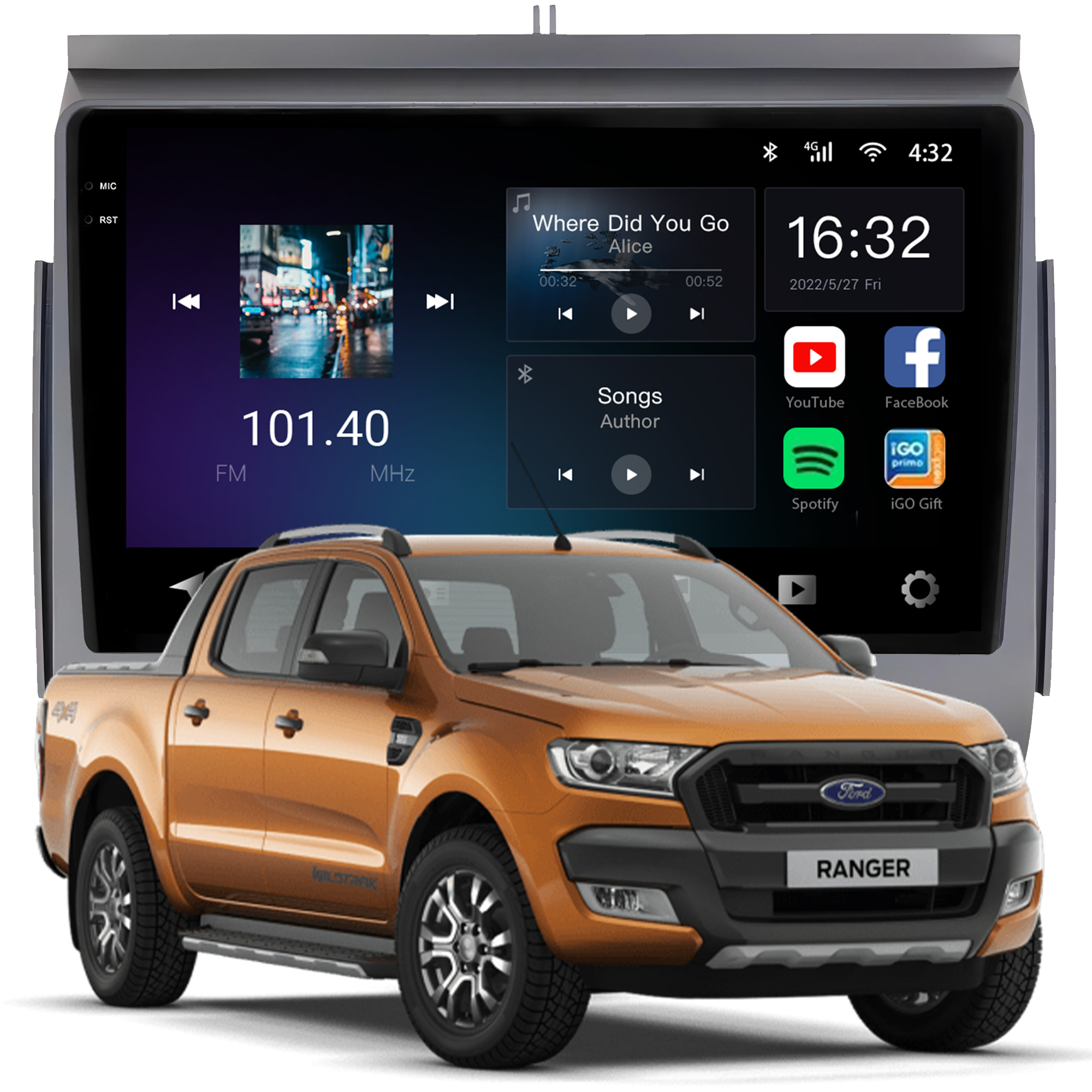 MULTIMÍDIA <BR> AIKON CORE RED <BR> 2RAM 64GB QLED 9'' <BR> RANGER VERSÃO TOP <BR> 2017 A 2023